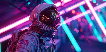 an astronaut in a spacesuit stands in front of neon lights, in the style of colorful gradientsの素材