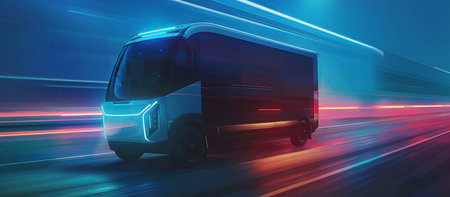 futuristic electric logistics company van driving down the roadの素材