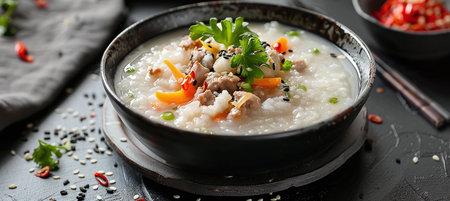 Congee (various Asian countries): rice porridge with pickled vegetables and meat.の素材
