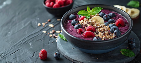 Acai Bowl (Brazil). Smoothie bowl made with frozen acai berries and topped with granola, fruit, nuts and seeds.の素材