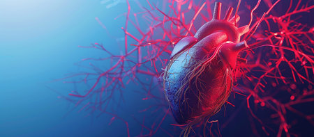 Detailed illustration of human heart with vascular network on a blue backdropの素材
