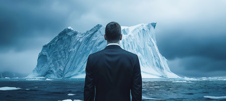 Focused businessman in a suit stands and looks at a huge iceberg aheadの素材