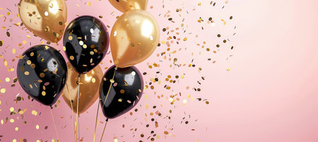 bright, shiny balloons of gold and black, colors, confetti, pink backgroundの素材