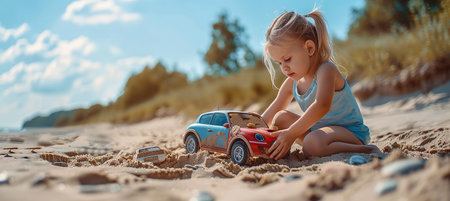 little girl playing with sand and car on a sunny dayの素材