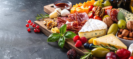 An assortment of cheeses, meats, fresh fruits, nuts and snacks is beautifully laid out on a wooden board.の素材