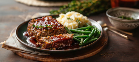 Meatloaf plate with mashed potatoes and green beansの素材