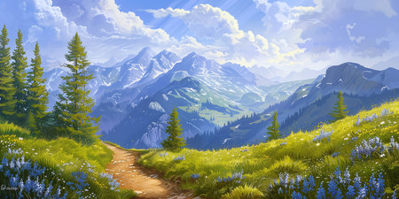 Summer landscape in the mountains with a pathの素材