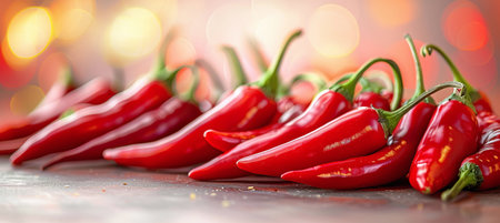 A row of bright red chili peppers neatly aligned against a bright blurred backgroundの素材