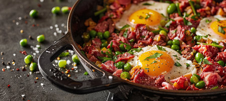 Frying pan on stove filled with corned beef hash, eggs and green beansの素材
