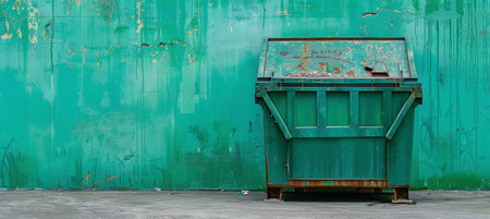 Open green trash container near the wallの素材
