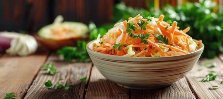 bowl of carrots and cabbage salad on the tableの素材