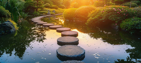 A path of circular steps through a quiet pond in a zen garden at dawn.の素材