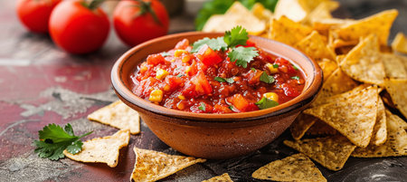 Spicy red tomato salsa with chips, served with corn tortilla chipsの素材