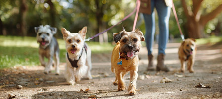 A dog walker walks different dogs on leashes through a city park.の素材