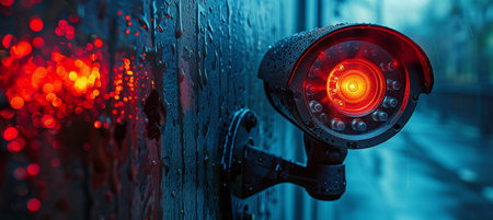 Surveillance camera with infrared light on the side of the buildingの素材