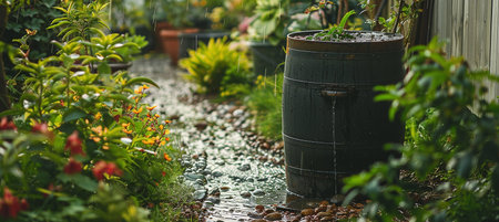 rainwater harvesting system in garden with barrel, ecological plant watering concept, water reuse conceptの素材