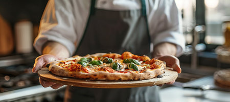 professional chef presenting freshly prepared pizza from the ovenの素材