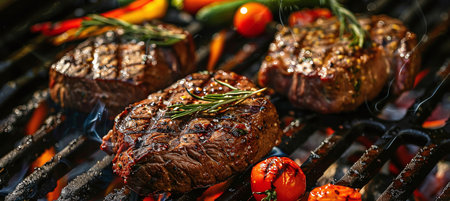 Grilled beef steaks with grilled vegetables on the barbecue grillの素材