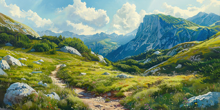 Summer landscape in the mountains with a pathの素材