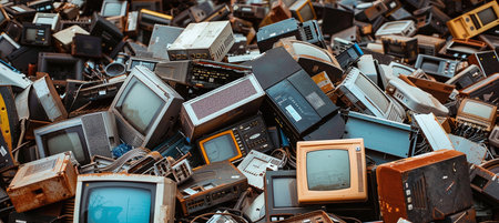 A pile of discarded electronics in an electronic graveyard, the problem of electronic waste and the need for sustainable recycling solutionsの素材