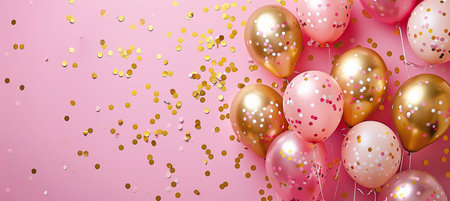bright, shiny balloons of gold and pink color, confetti, pink backgroundの素材