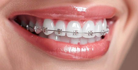 perfect smile with white teeth in bracesの素材
