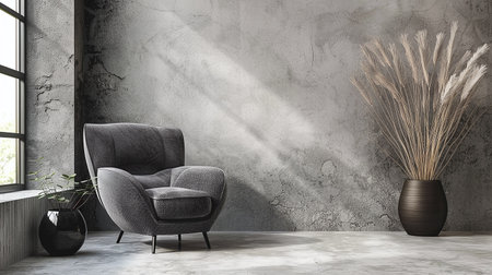 Gray chair cozy against the wall. Interior design of a modern living roomの素材