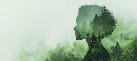 Earth Day banner showing woman's profile against green forest landscape backgroundの素材