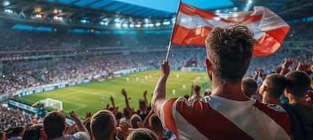 Football rear view, football fans applauding their team while holding the flag in a crowded stadium in the evening. Concept of sport, cup, world, team, event, competition, emotionの素材