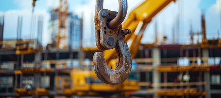 huge metal crane hook on the background of a construction siteの素材
