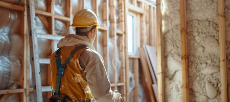 Builder installing house wall insulation in new homeの素材