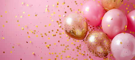 bright, shiny balloons of gold and pink color, confetti, pink backgroundの素材