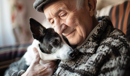 happy elderly man at home with his beloved petの素材