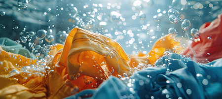 Washing machine or detergent with floating clothes under water with bubbles and wet splashesの素材