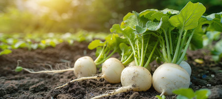 Freshly harvested white round radishes on the background of a vegetable gardenの素材