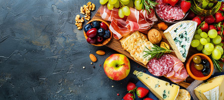 An assortment of cheeses, meats, fresh fruits, nuts and snacks is beautifully laid out on a wooden board.の素材