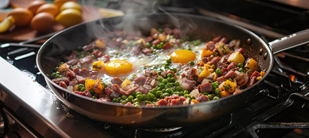 Frying pan on stove filled with corned beef hash, eggs and green beansの素材