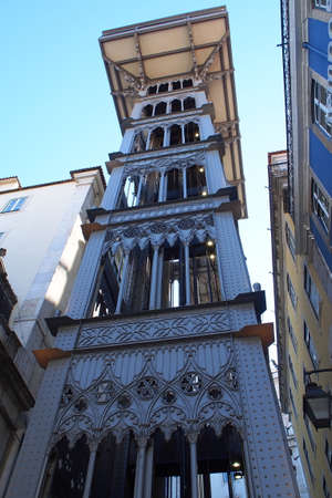 Elevador de Santa Justa, details, neo-gothic wrought iron transport vertical lift, built in 1901, Lisbon, Portugal - July 8, 2021のeditorial素材