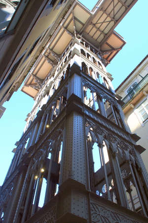 Elevador de Santa Justa, details, neo-gothic wrought iron transport vertical lift, built in 1901, Lisbon, Portugal - July 8, 2021のeditorial素材