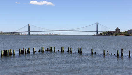 New York, USA - May 31, 2020: View of the Verrazzano Bridge spanning the Narrows between Brooklyn,...