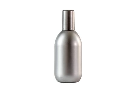 Perfume bottle isolated on white background. Man perfume glass bottle metallic - silver color isolated on a white backgroundの写真素材