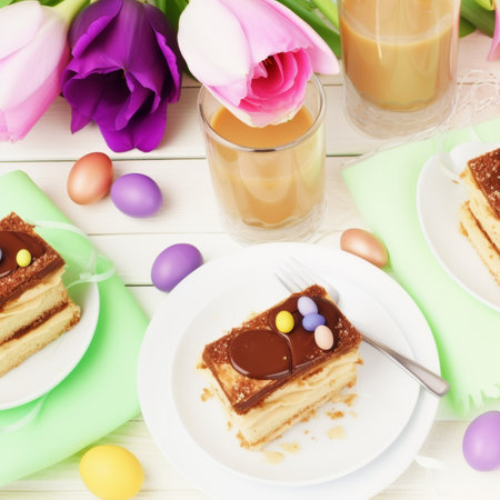 Joyful easter table setup with cake, vibrant eggs, linen cloth, and fresh spring flowersの素材