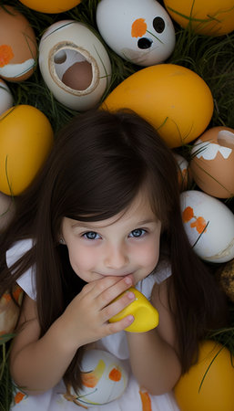 Joyful child with adorable big eyes surrounded by colorful easter eggs and smiling brightlyの素材