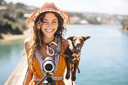 Cute young girl on a relaxing vacation with her adorable dog, enjoying the view through binocularsの素材