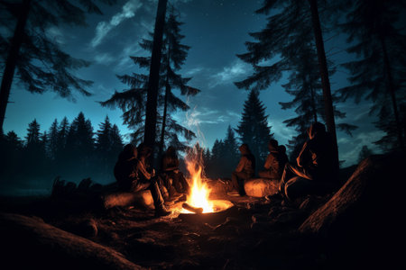 Silhouette of a group of people sitting by the fire in the forest at nightの素材