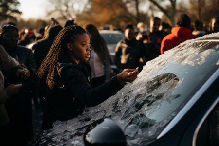 A scene of people clearing ice off car windshields.の素材