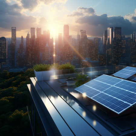 solar panels being installed on the rooftops of modern office buildings on a sunny day.の素材