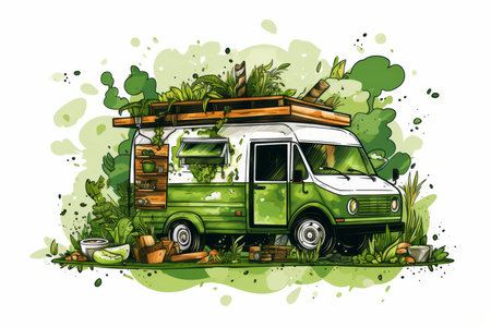 Illustration of a green food truck promoting eco-friendly practices and emphasizing cleanlinessの素材