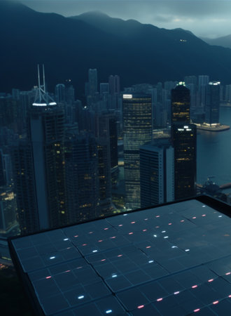 Solar panels are installed on a skyscraperの素材