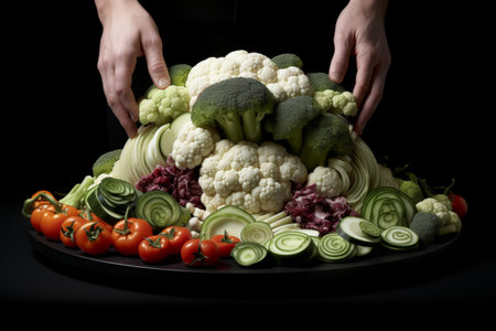 Vegetables on black plate, woman's hands, black backgroundの素材